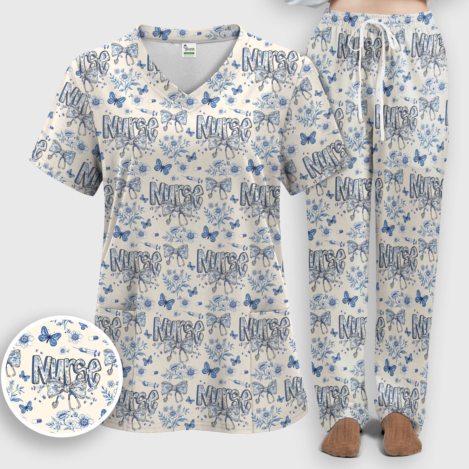 Blue Nurse Bow Butterfly Floral Pattern Scrub Set,  Breathable Med Uniform