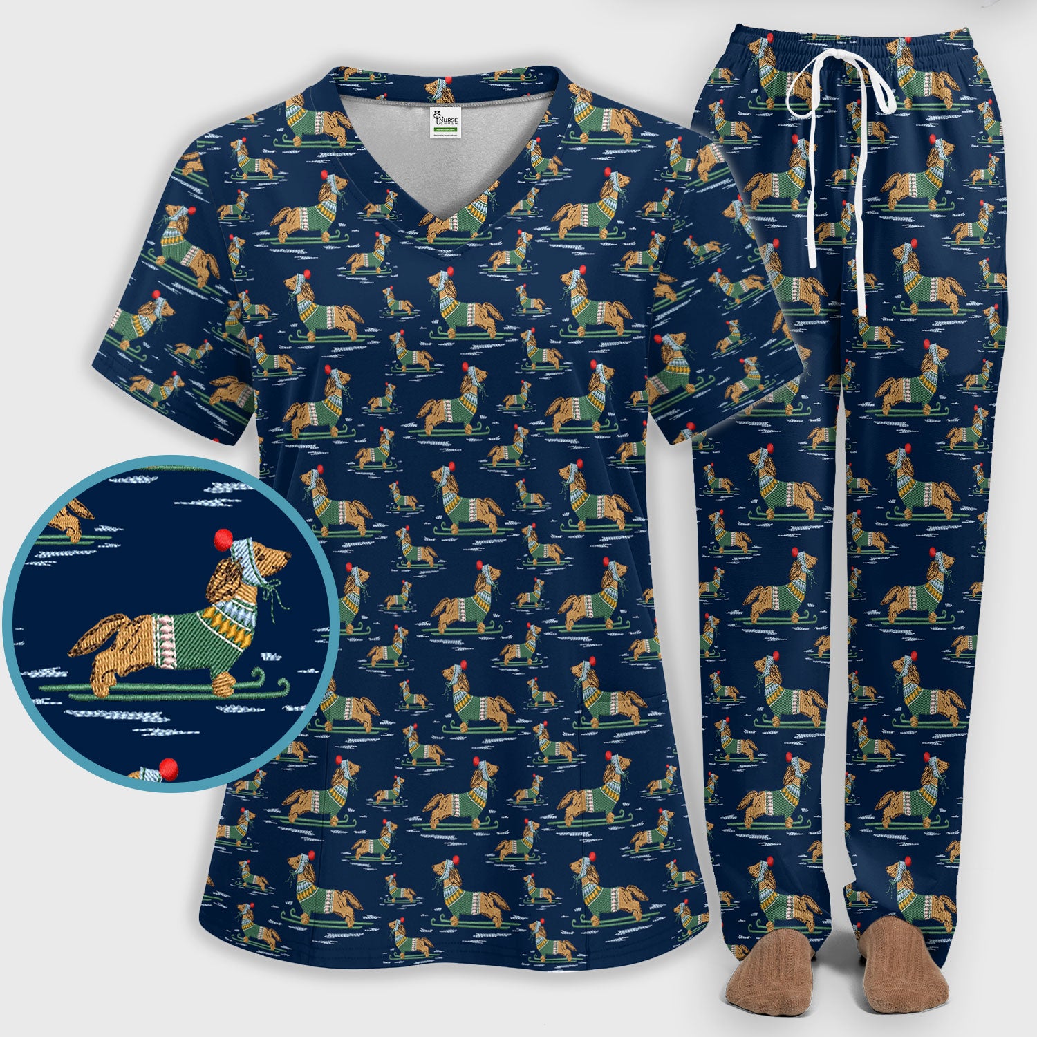 Dachshund Nurse Scrub Set, Wiener Dog Winter Pattern Shirt, Breathable Fabrics Nursing Uniform