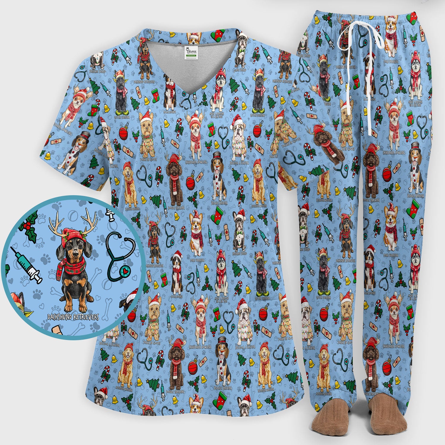 Christmas Dog Scrub Set for Nurses - Dachshund, Husky, Poodle, Corgi & Labrador Holiday Scrub Top and Pants - Funny Santa Medical Shirt
