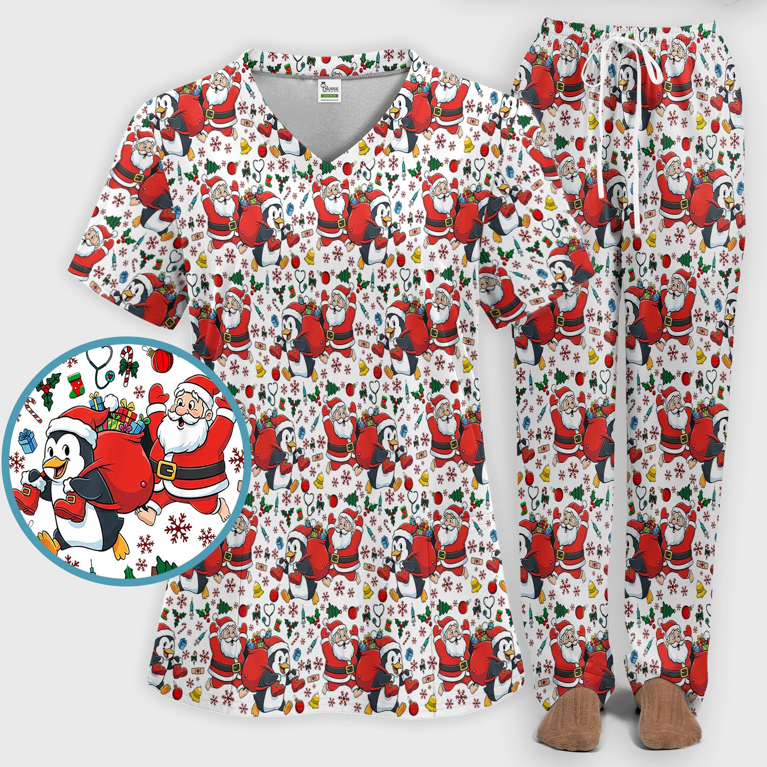 Funny Penguin Christmas Scrub Set - Santa Holiday Nurse Uniform for Women - Medical Gift for RN CNA LPN