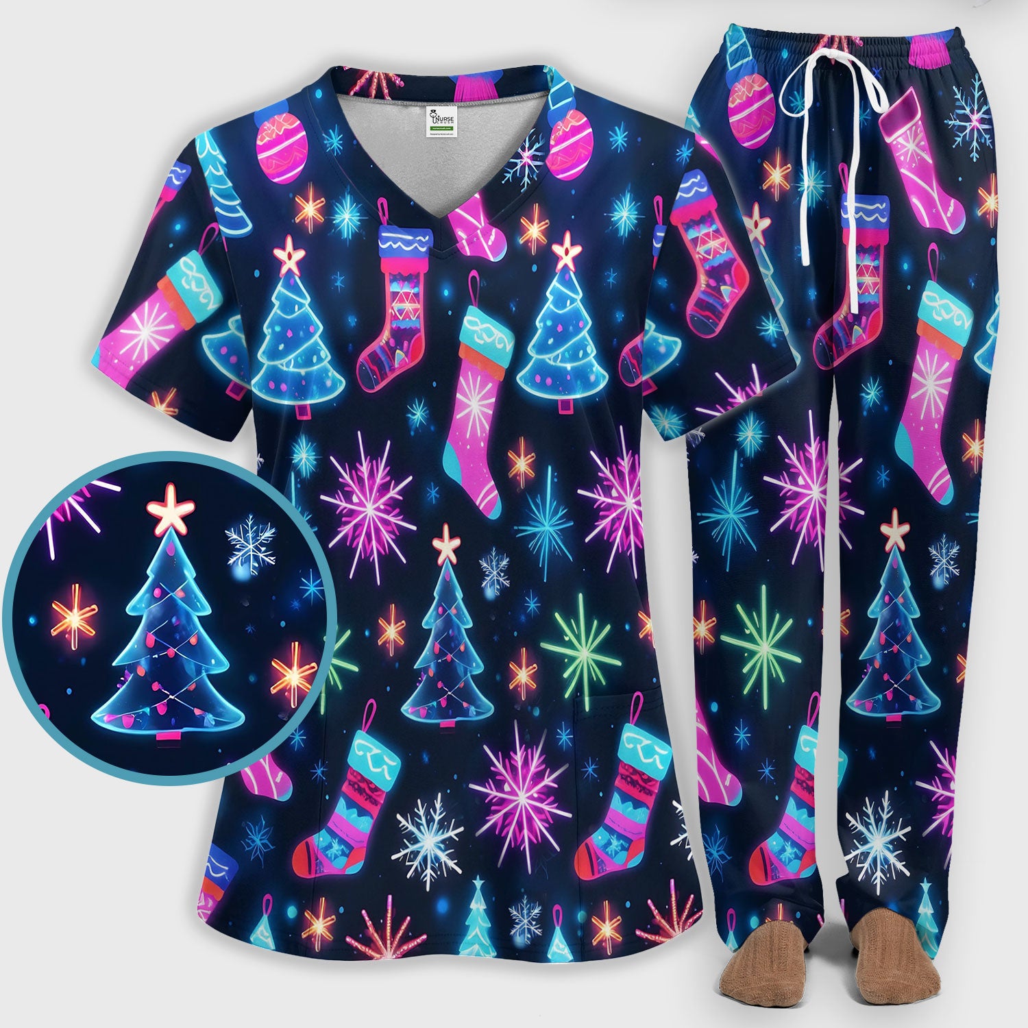 Xmas Neon Pattern Scrub Set, Christmas Scrub Shirt, Breathable Fabrics Nursing Uniform