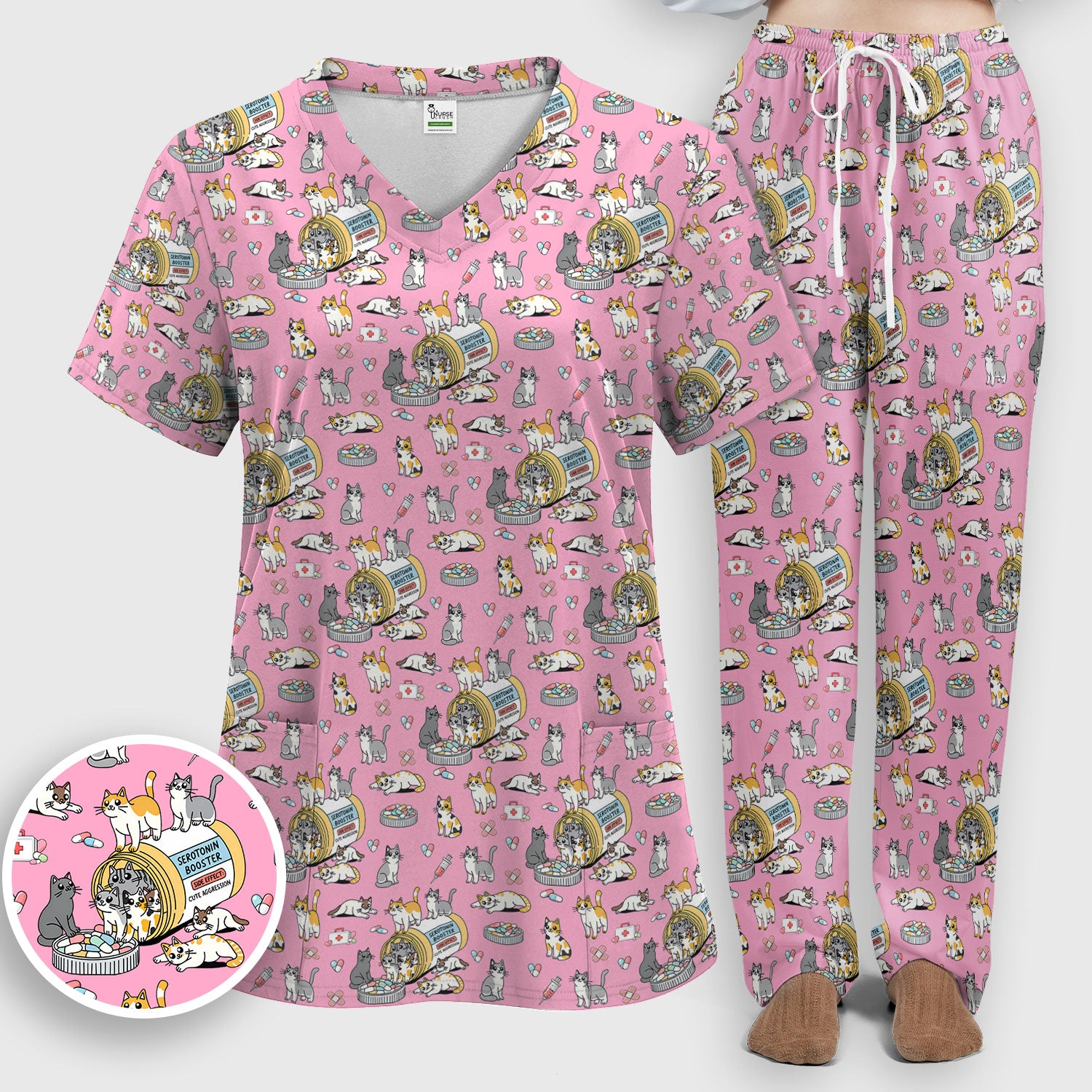 Cute Cat Serotonin Booster Pattern Women's Scrub Set, Breathable Med Uniform