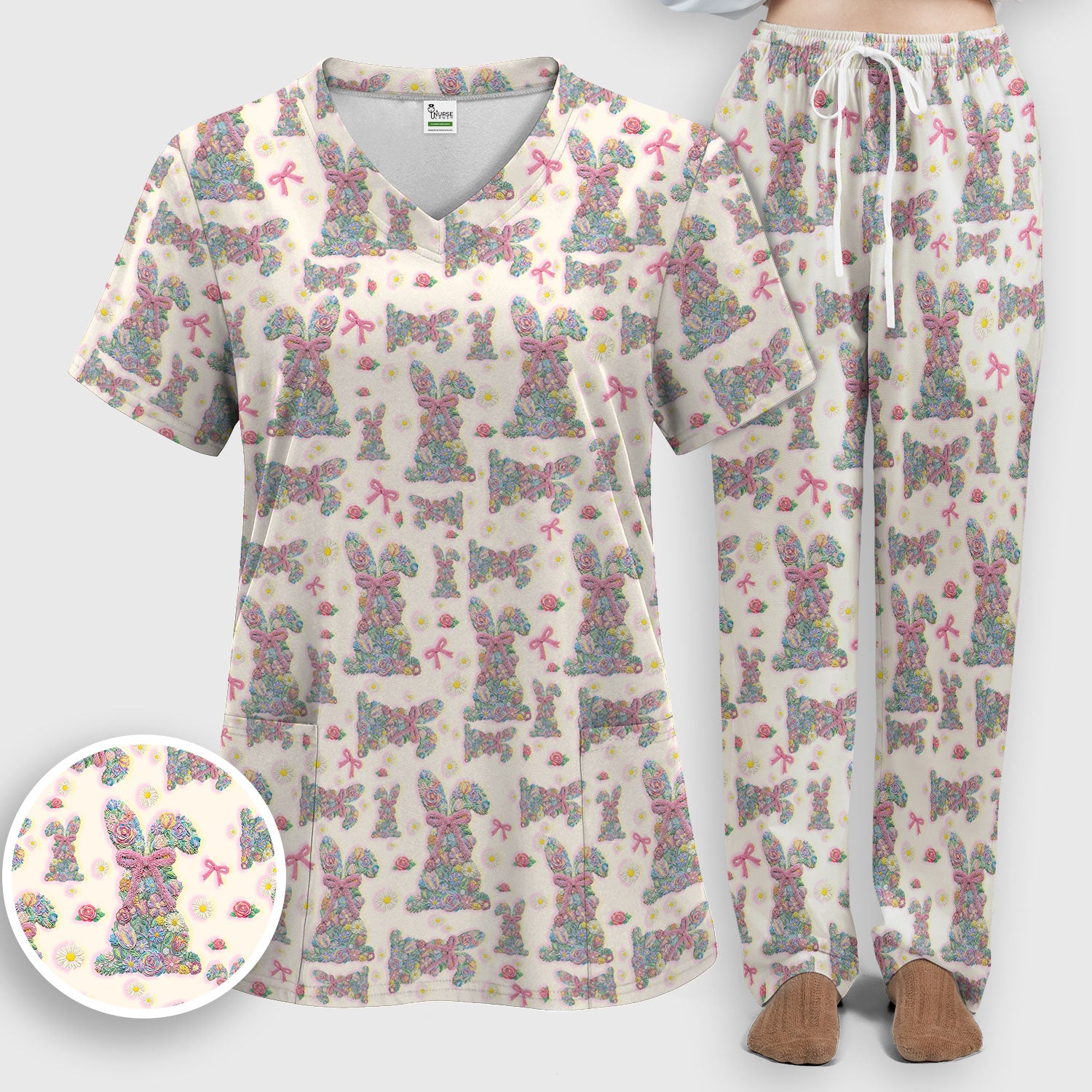 Colorful Floral Bunny with Pink Bow Pattern Scrub Set, Breathable Med Uniform