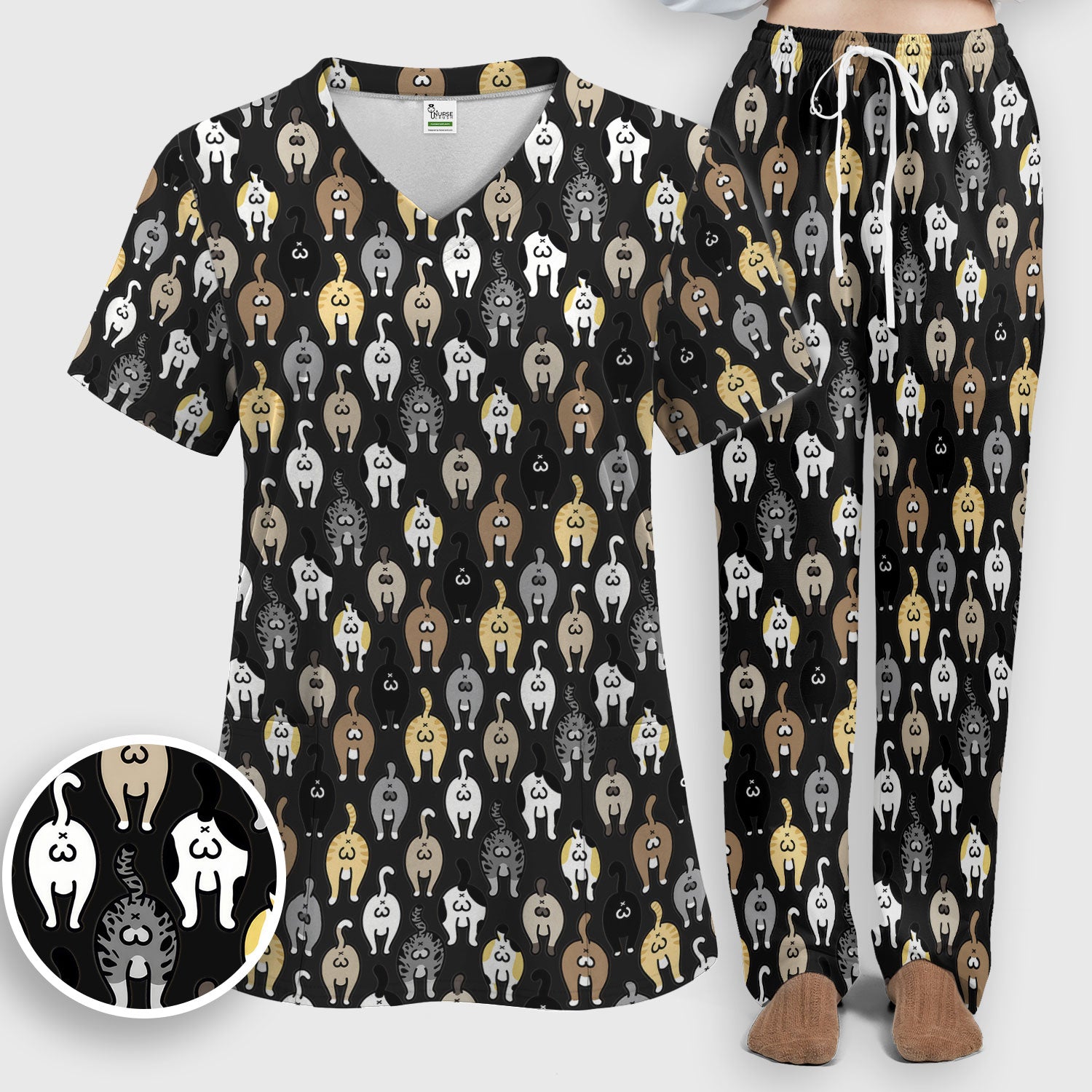 Cat Lover Nurse Scrub Set, Funny Cat Butt Pattern Medical Shirt, Breathable Fabrics Nursing Uniform