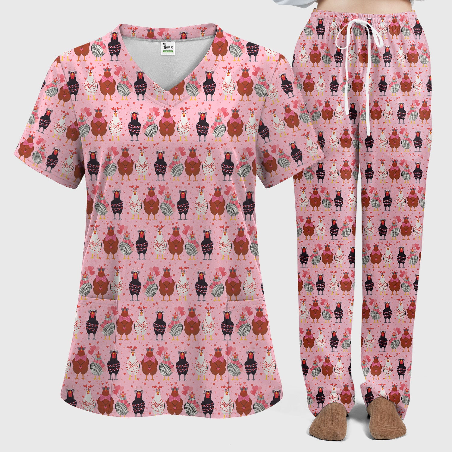 Funny Chicken Valentine Scrub Set, Chicken Pattern Scrub Shirt For Nursing, Valentine Gift For Nurse