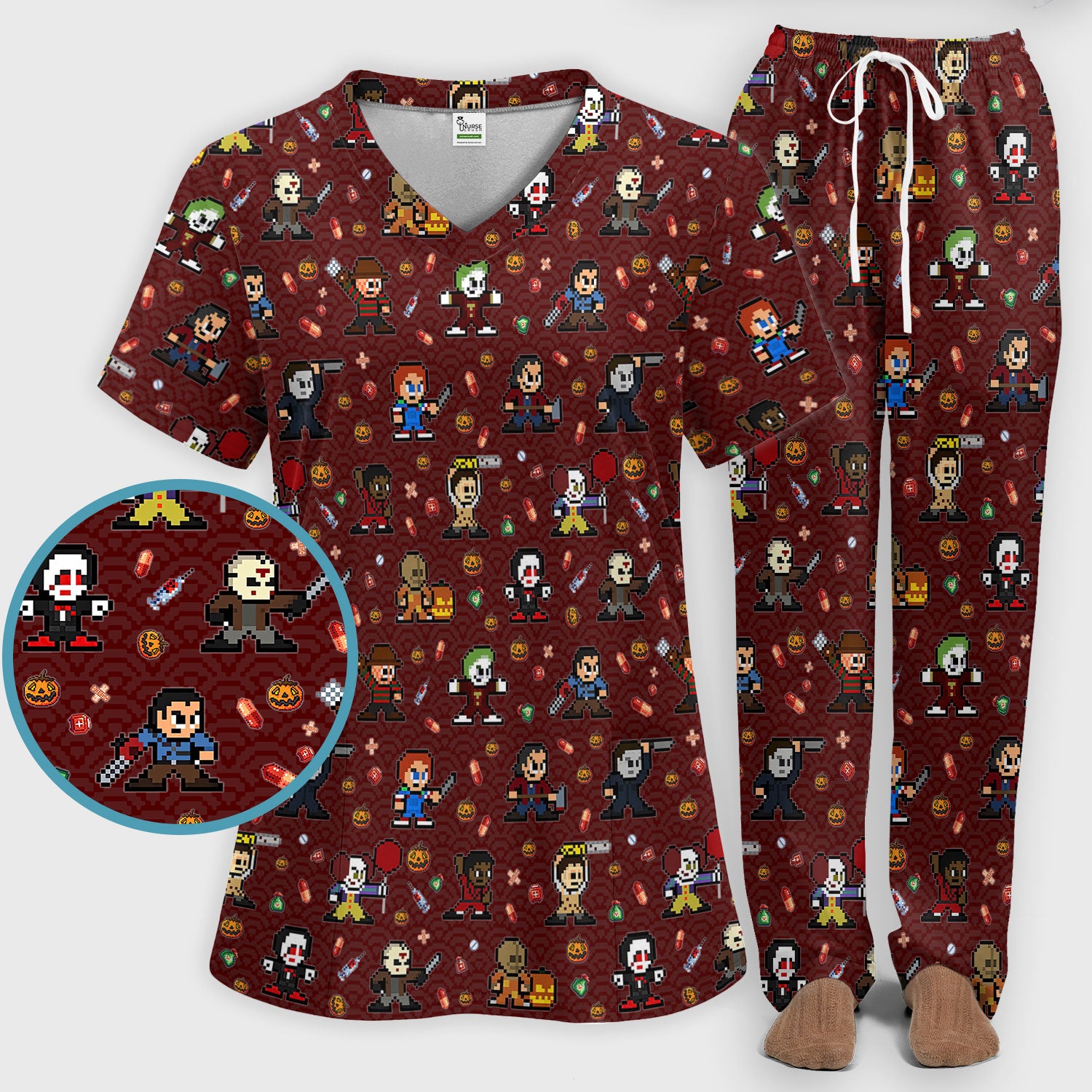 Halloween Women's Scrub Sets - Comfortable Scrubs for Nurses - Scary Character Scrub Pants and V Neck Top - Med Uniform for Her