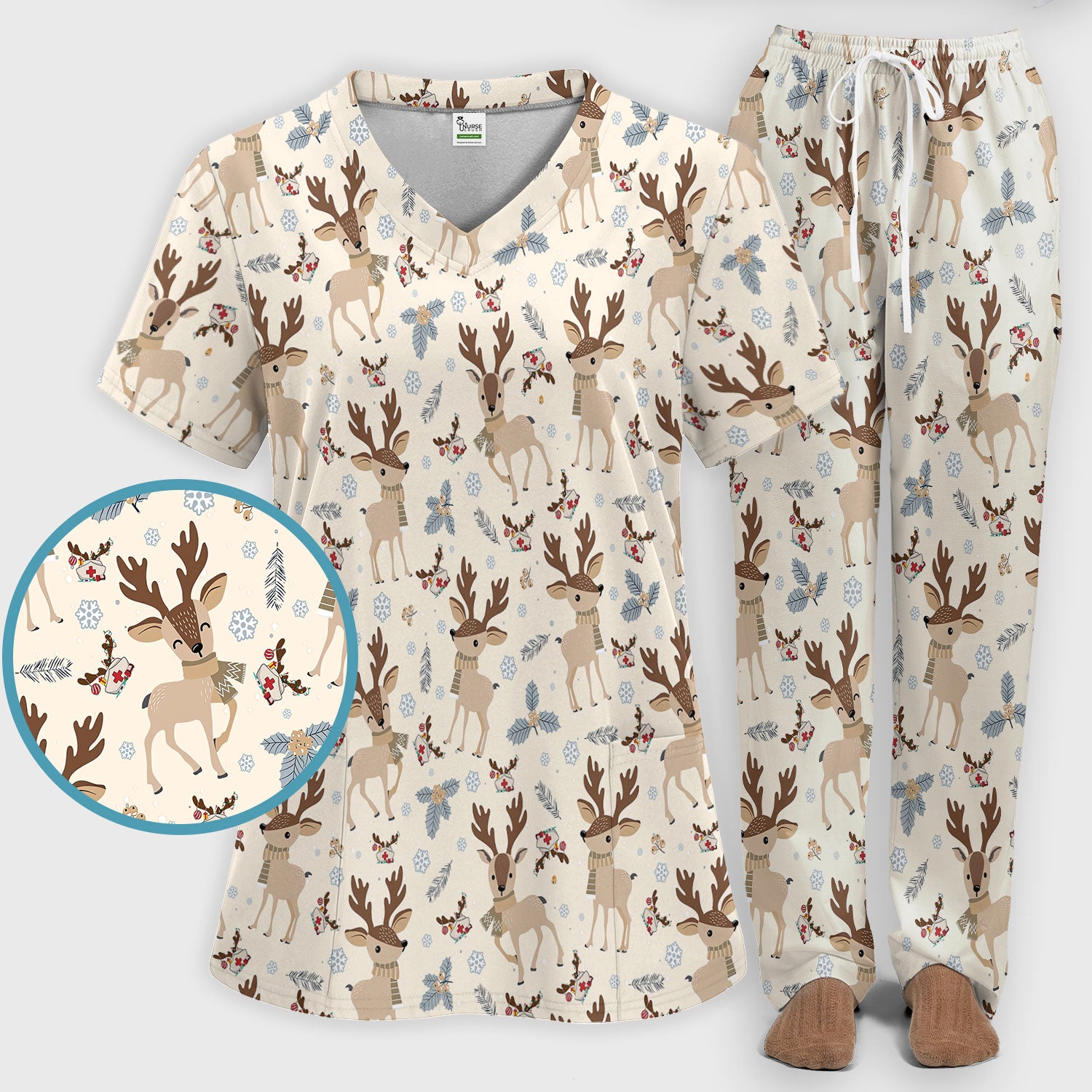 Reindeer Christmas Scrub Set - Cozy Beige Holiday Nurse Shirt with Cute Deer Pattern - Festive Medical Scrubs Pants and V Neck Top