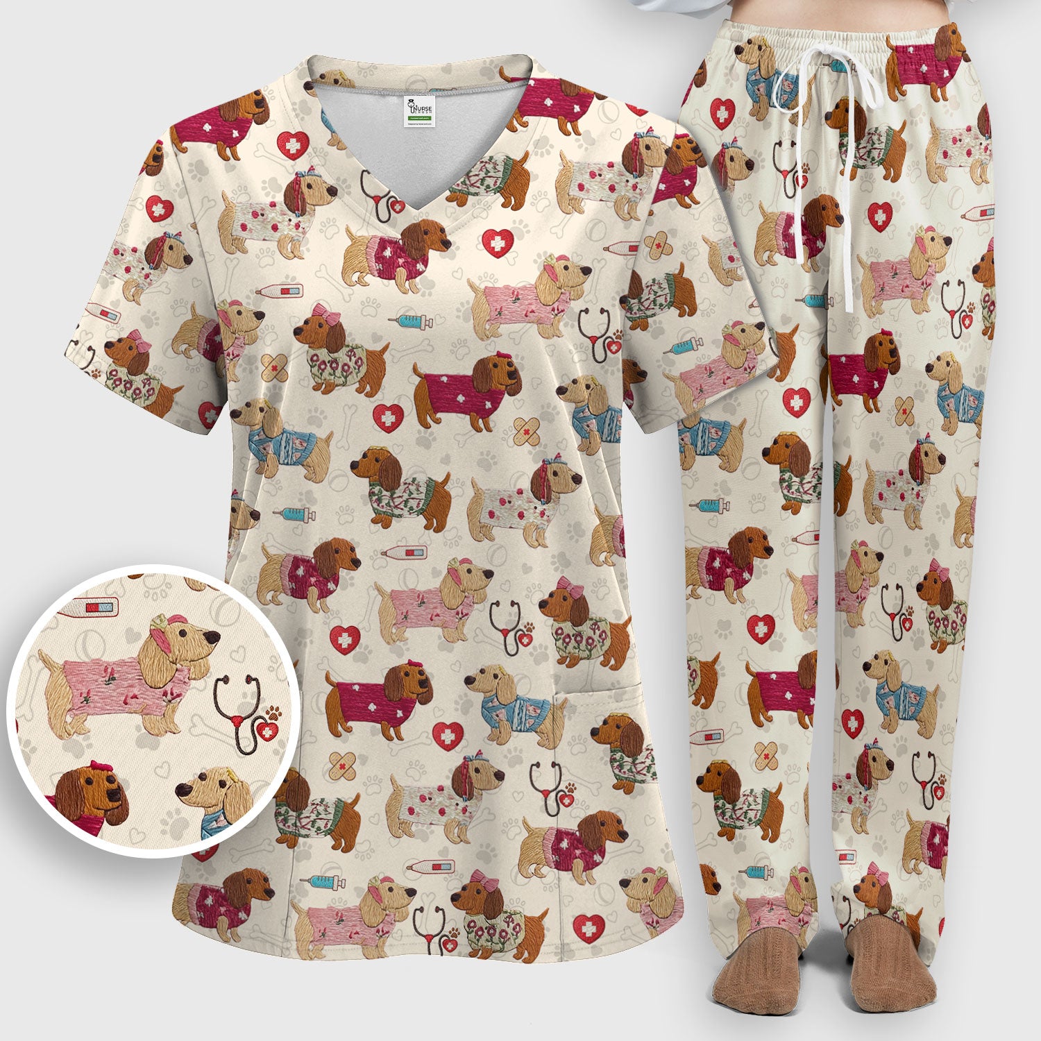 Cute Medical Wiener Dog Pattern Nurse Shirt, Dachshund Nursing Scrub Set, Breathable Fabrics Nursing Uniform
