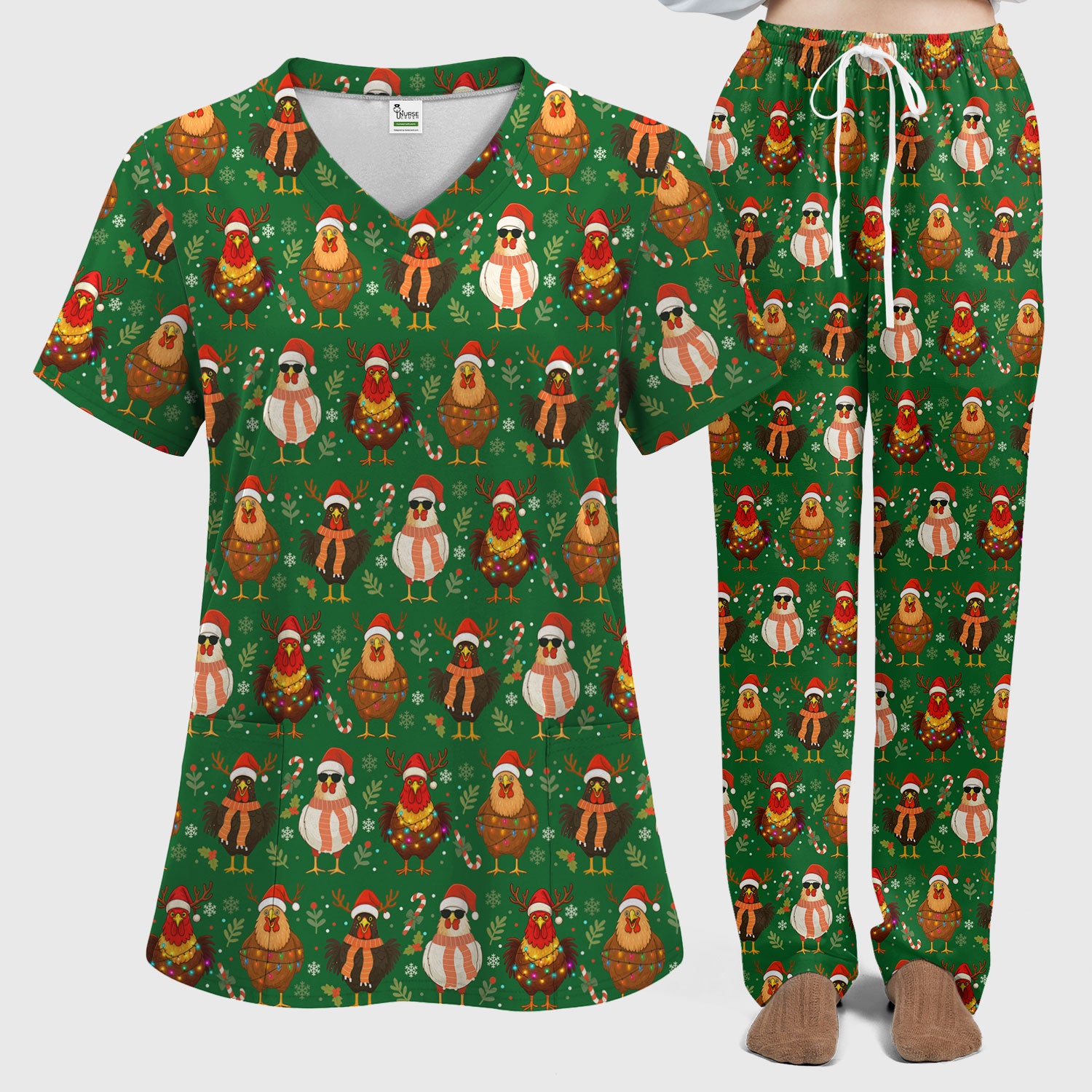 Funny Chicken Scrubs for Women - Christmas Pattern Scrub Top & Pants - Christmas Scrubs with Adorable Design