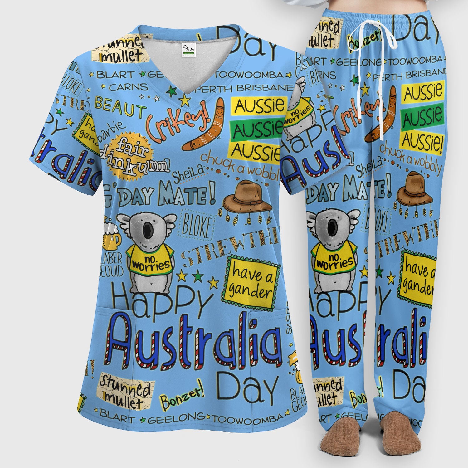 Cute Cartoon Koala Australia Pattern Medical Scrub Set, Breathable Med Uniform