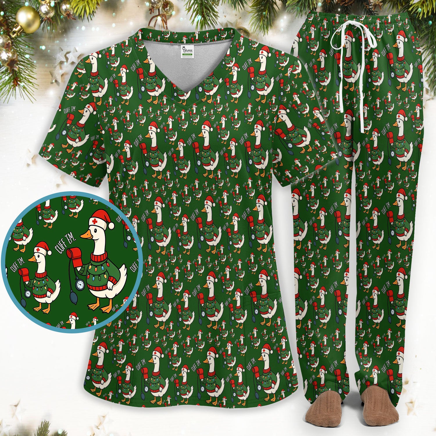 Nurse Christmas Duck Scrub Set, Cute Goose Pattern Scrub Uniform, RN LPN CNA Nursing Uniform
