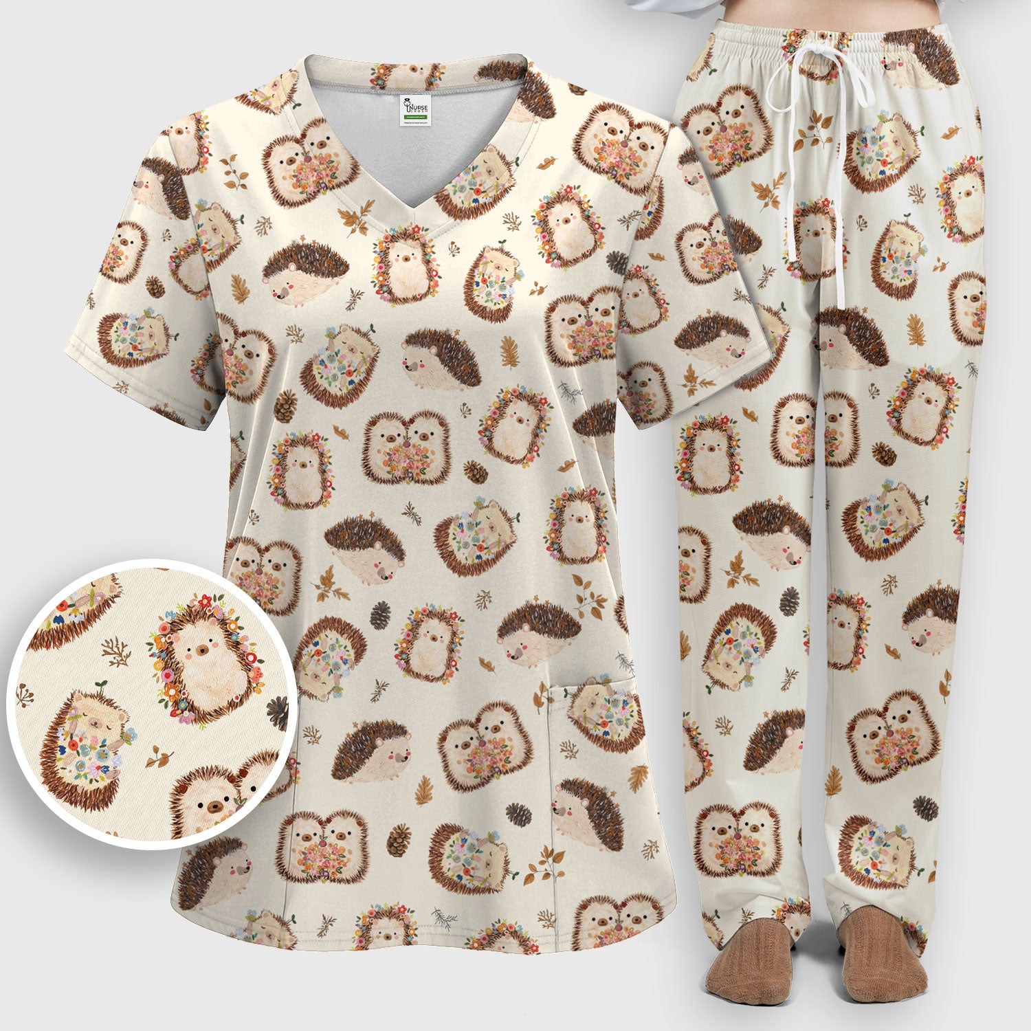Cute Hedgehog Floral Scrub Set, Breathable Med Uniform