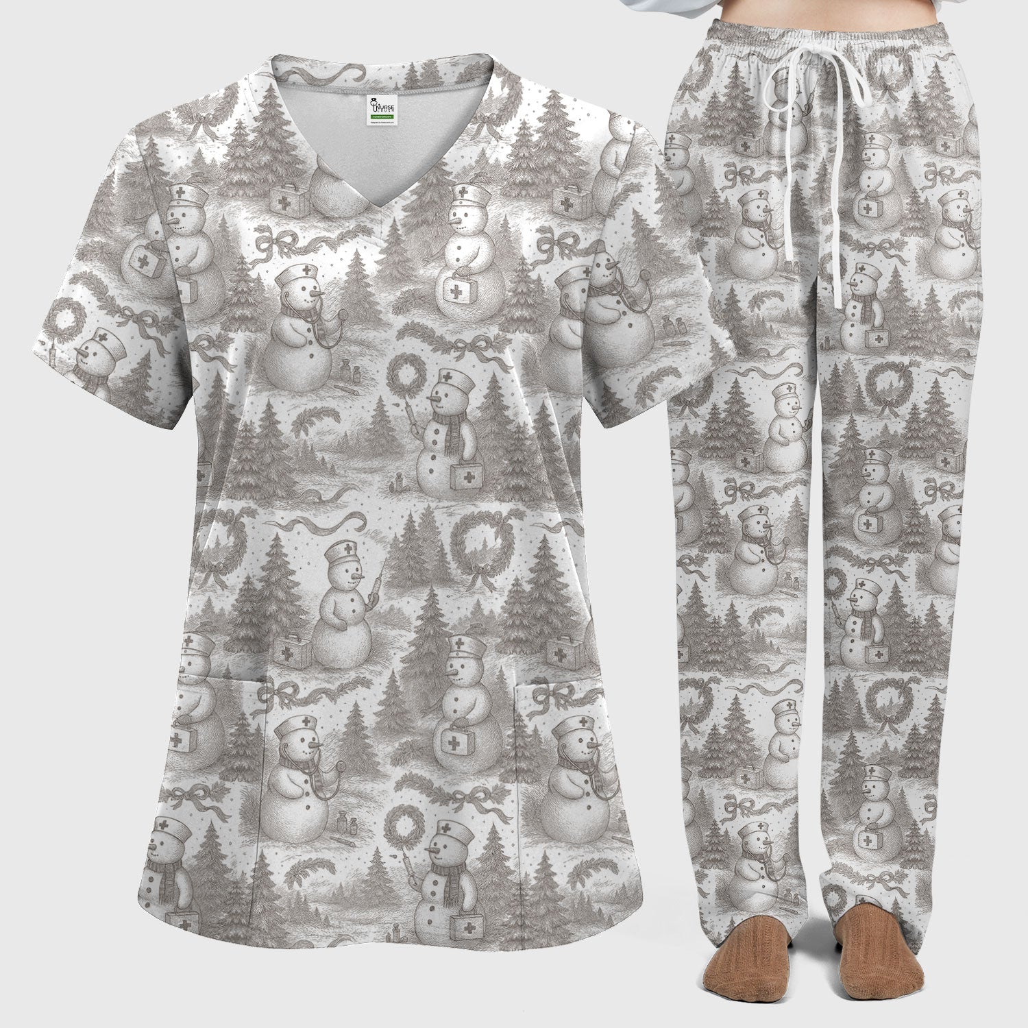 Toile de Jouy Christmas Scrubs Set – Elegant Snowman and Nurse Pattern – Classic Holiday Scrub Top and Pants for Women