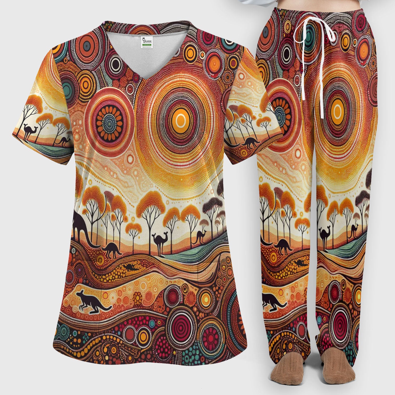 Aboriginal Kangaroo Art Women's Scrub Set, Scrub Pants and V Neck Top