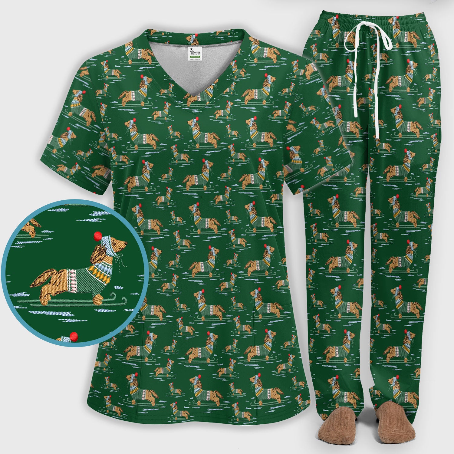 Dachshund Nurse Scrub Set, Wiener Dog Winter Pattern Shirt, Breathable Fabrics Nursing Uniform