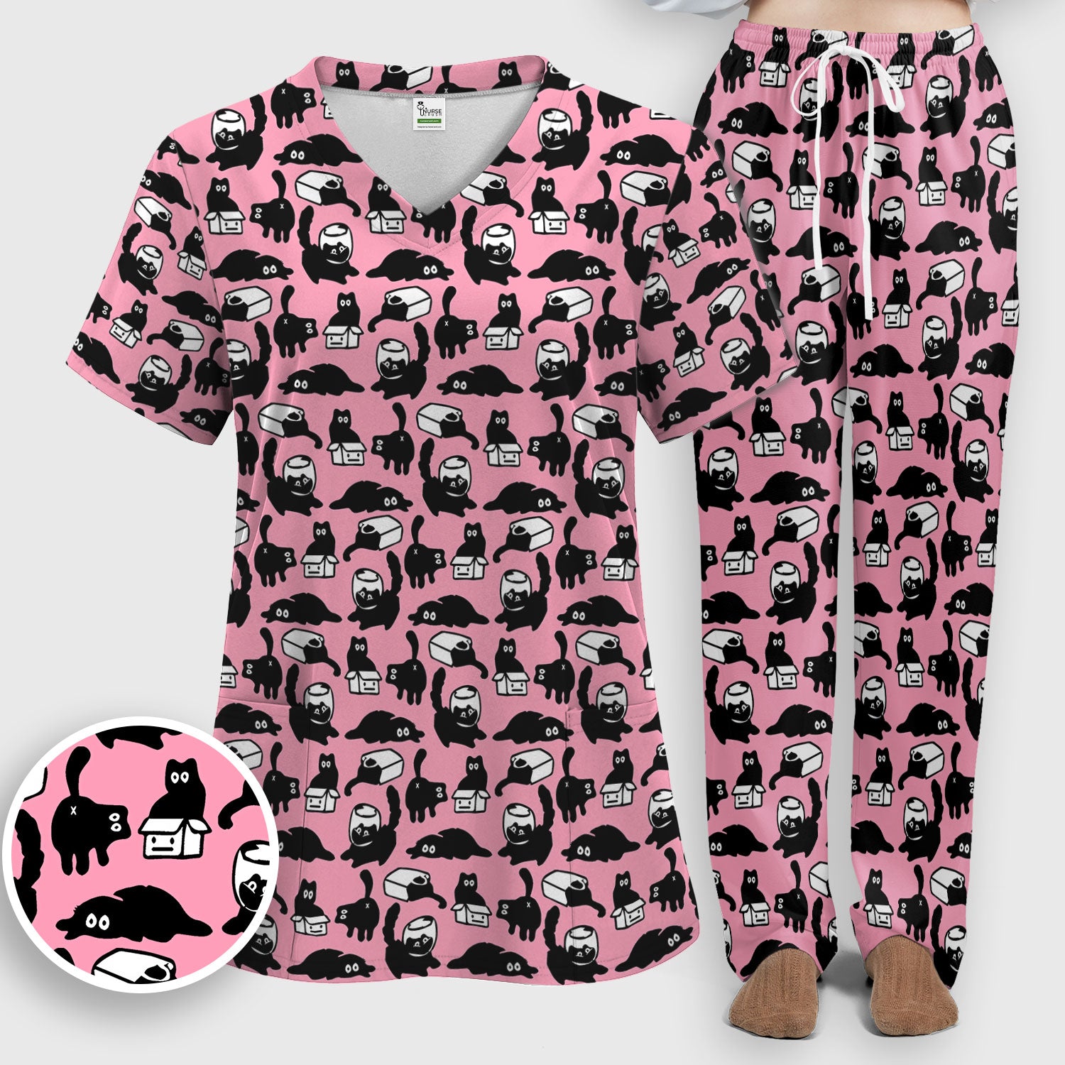 Dark Playful Cat Cartoon Pattern Scrub Set, Breathable Med Uniform