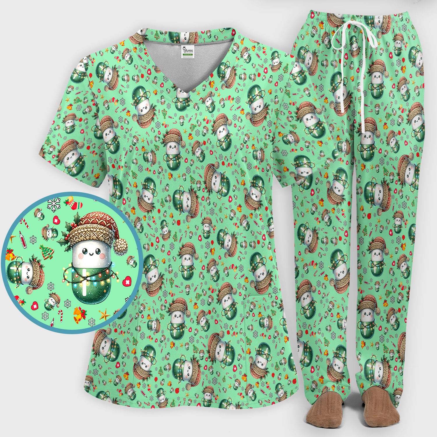 Pharmacy Tech Christmas Scrub Set – Cute Green Snowman Print Nurse Outfit – Funny Holiday Medical Uniform for Pharmacists