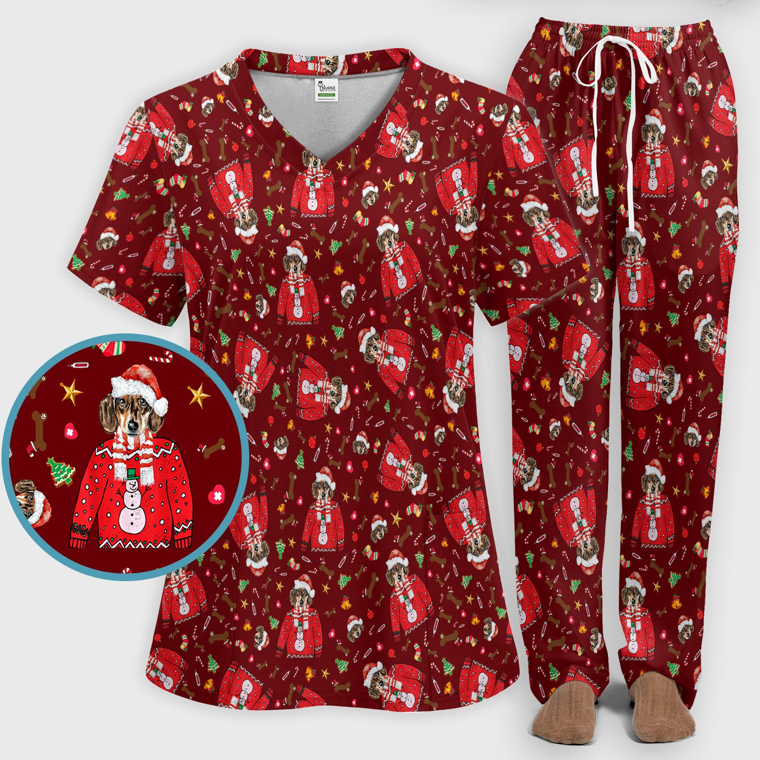 Funny Dog Christmas Scrub Set – Cute Puppy in Santa Outfit Pattern – Festive Holiday Medical Uniform For Nurses And Pet Lovers