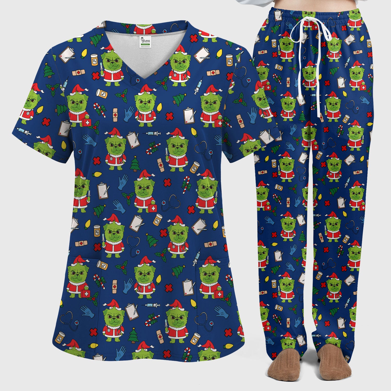 Funny Nurse Christmas Scrubs Set - Grumpy Dog Pattern with Medical Tools - Festive Holiday Scrub Top and Pants for Women
