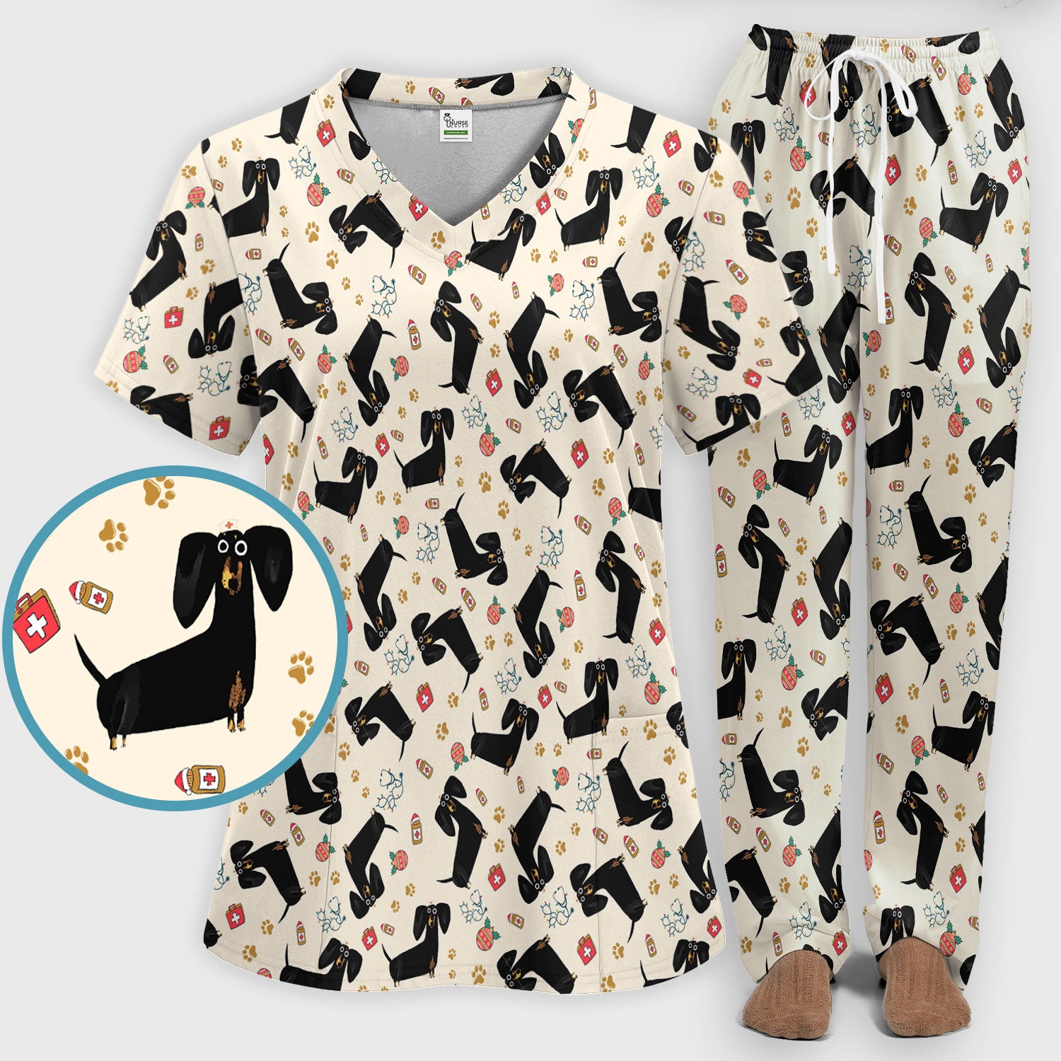 Funny Black Dachshund Scrub Set for Nurses - Cute Wiener Dog Scrubs Pants and V Neck Top - Puppy Lover Nursing Gift for Women