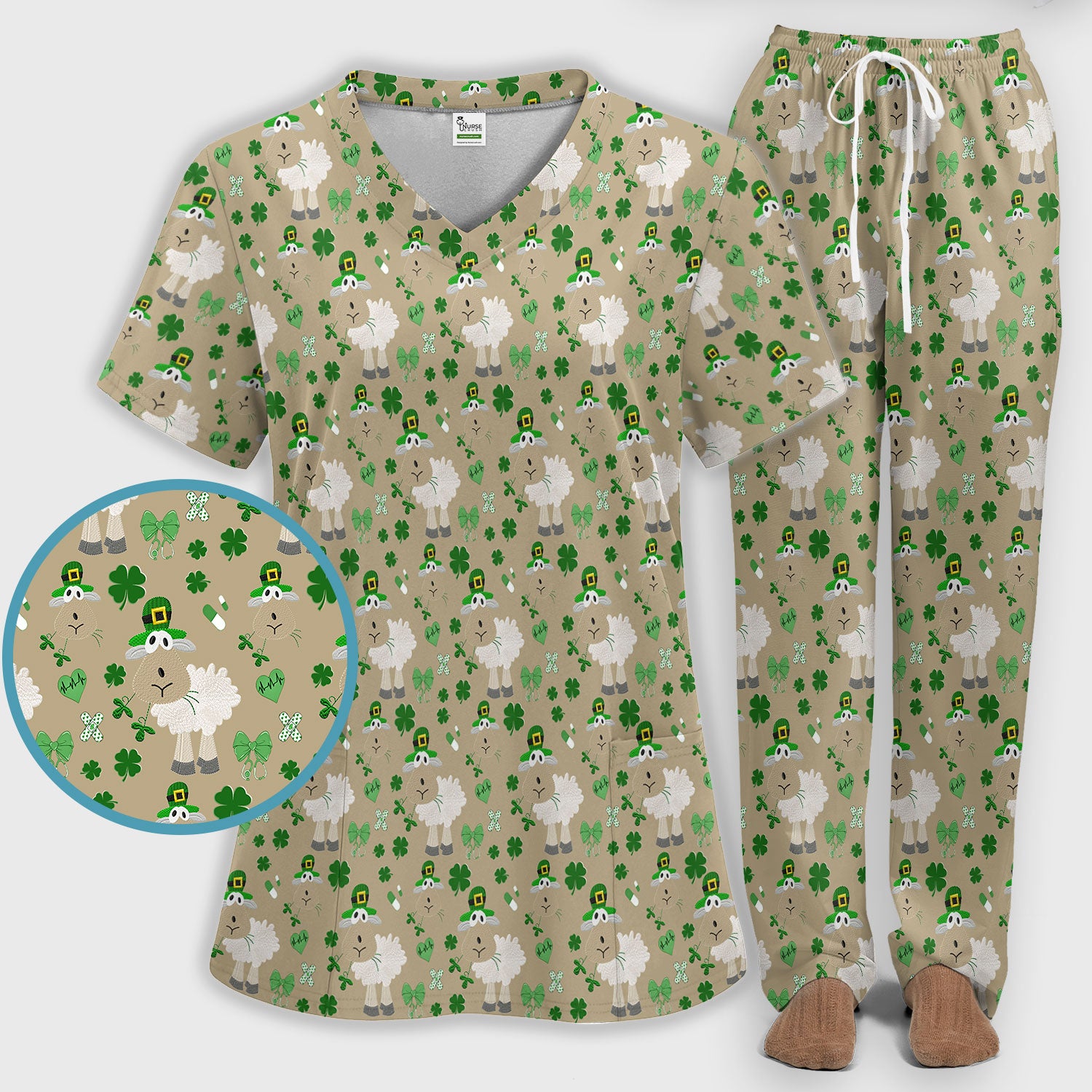 Nurse St. Patrick Scrubs Set, Cute Sheep Shamrock Pattern Nurse Shirt, Breathable Fabrics Nursing Uniform