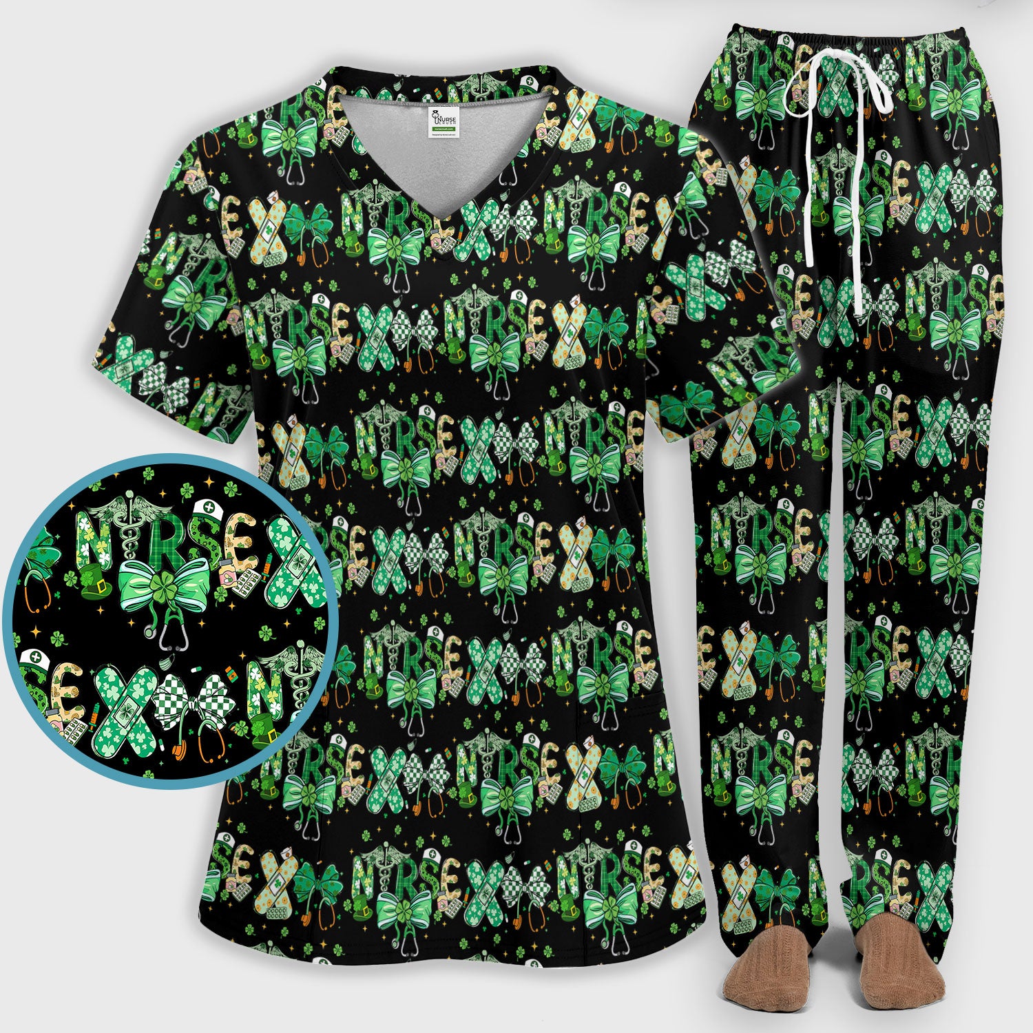 St. Patrick’s Nurse Scrub Set, Lucky Clover And Green Bow Pattern Nurse Shirt, Breathable Fabrics Nursing Uniform