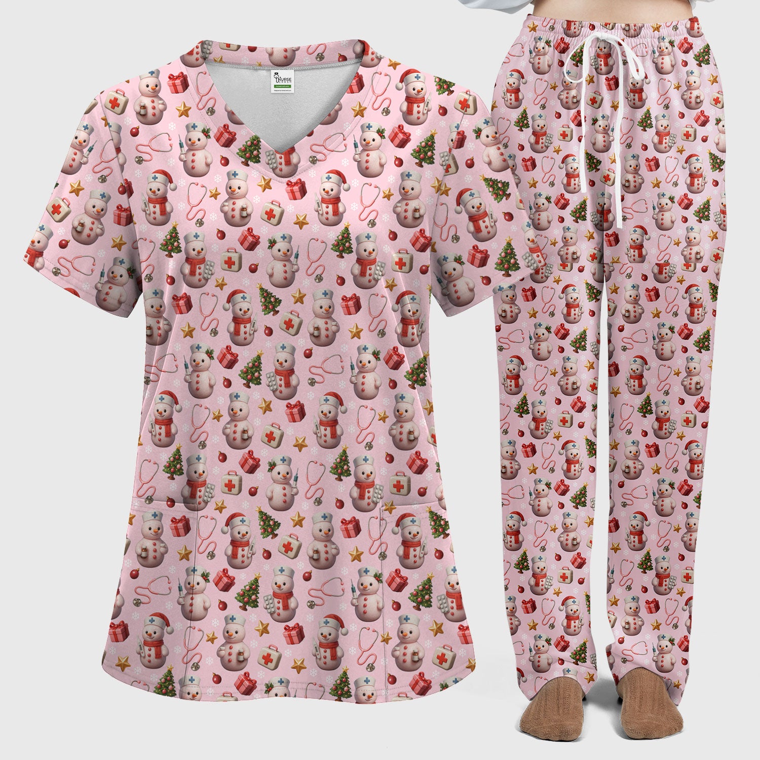 Snowman Pattern Christmas Scrub Set - Cute Holiday Medical Scrubs for Women - Funny Festive Nurse Gift for RN LPN CNA