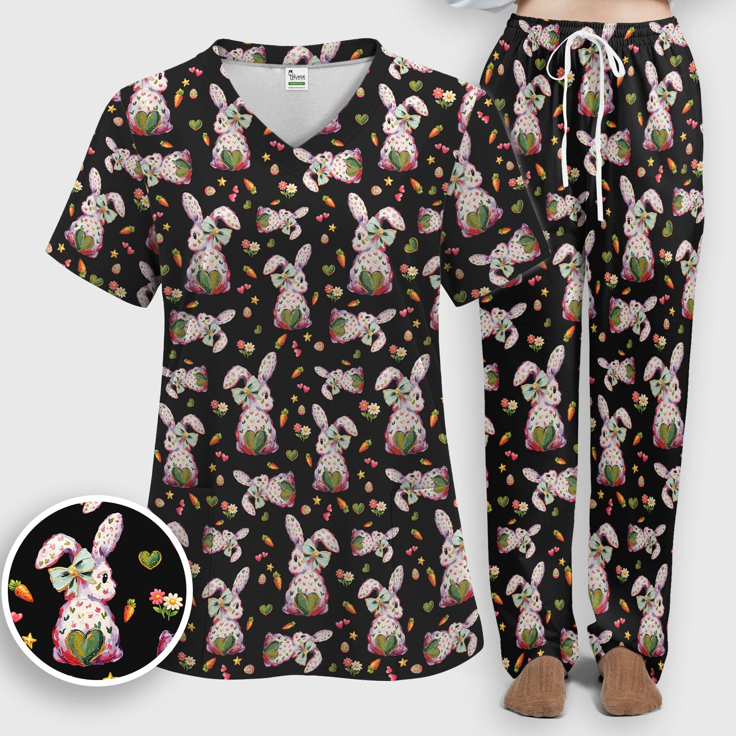 Cute Pastel Bunny Easter Pattern Scrub Set, Scrub Pants and V Neck Top