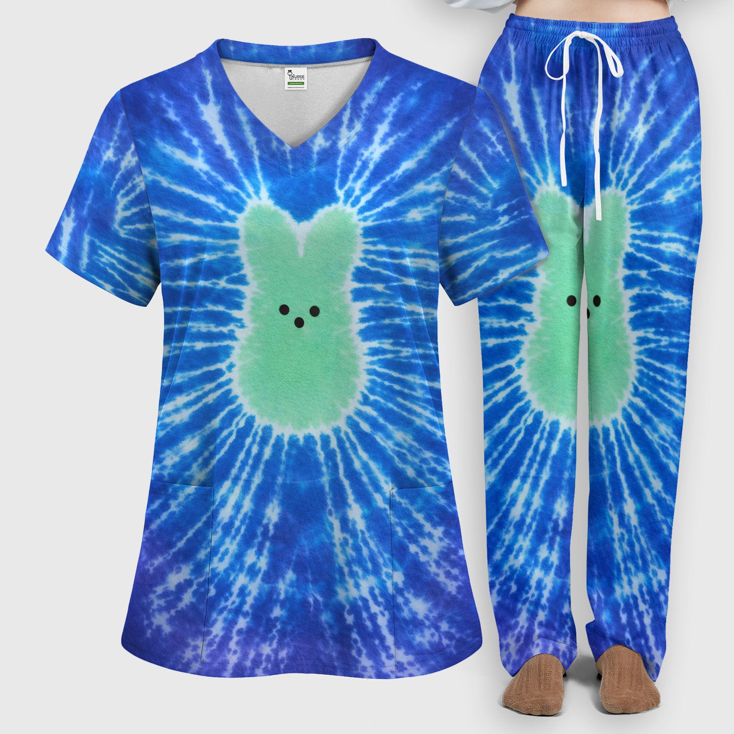 Easter Peep Tie Dye Scrub Set, Easter Bunny Nurse Shirt For Women, Breathable Fabrics Nursing Uniform