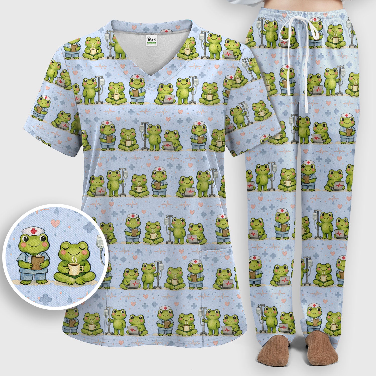 Adorable Frog Nurse Various Poses Print Scrub Set, Breathable Med Uniform
