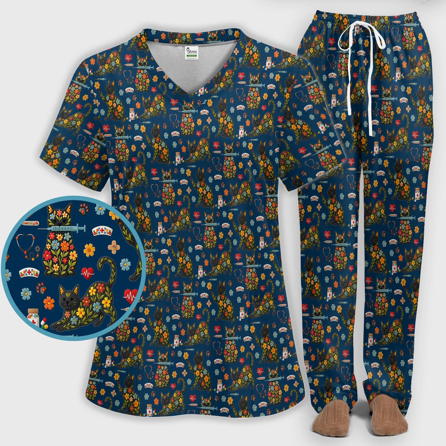 Floral Black Cat Pattern Scrub Set, Cute Cat Nurse Scrub Shirt, Medical Nursing Uniform