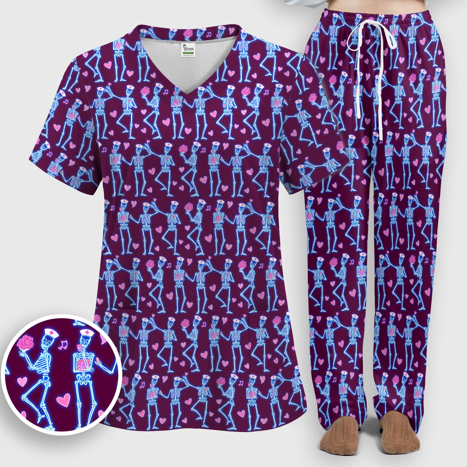 Skeleton Nurse Heart Pattern Scrub Sets, Playful Nurse Style, Scrub Pants and V Neck Top