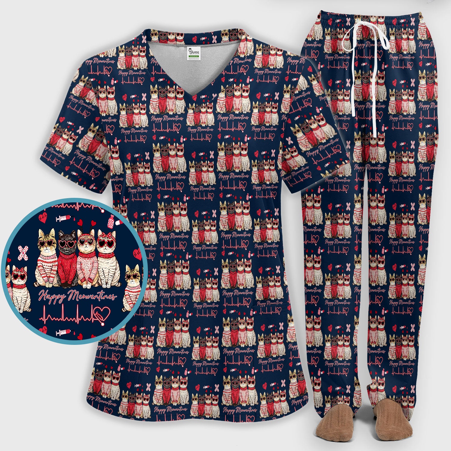 Happy Meowtines Cat Pattern Scrub Set, Valentine Cat Lover Nurse Scrub Shirt, Heartbeat Medical Pattern Nursing Uniform