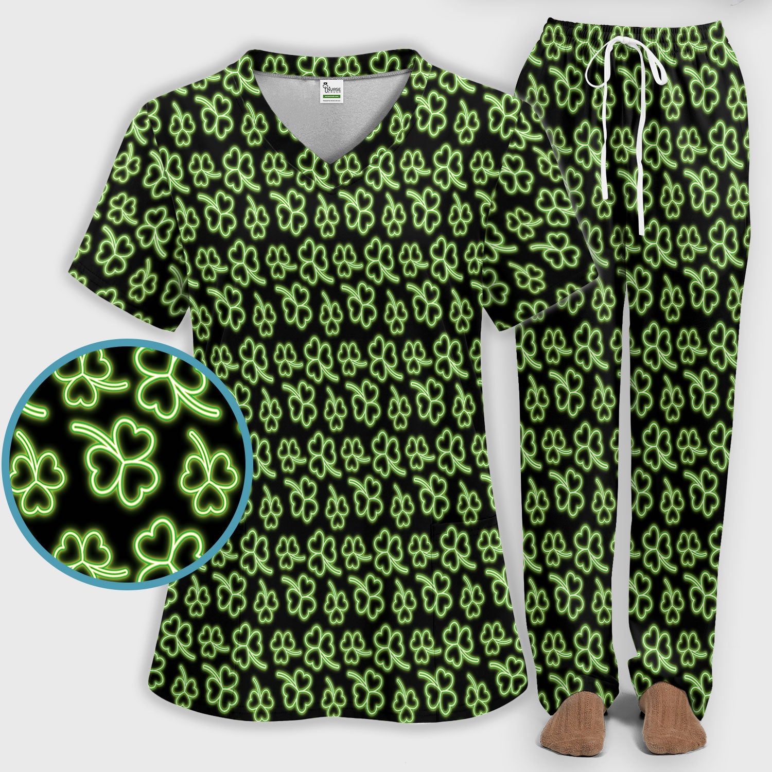 Neon Shamrock Nurse Scrub Set, St. Patrick’s Day Glow Green Pattern Pattern Shirt,  Breathable Fabrics Nursing Uniform