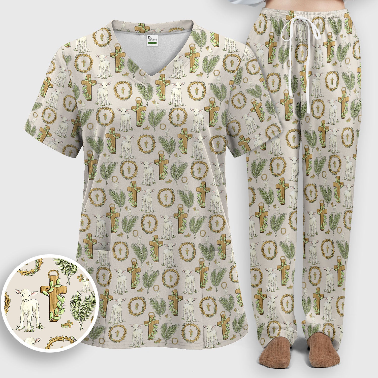 Faith Lamb Cross Pattern Women's Scrub Set, Scrub Pants and V Neck Top