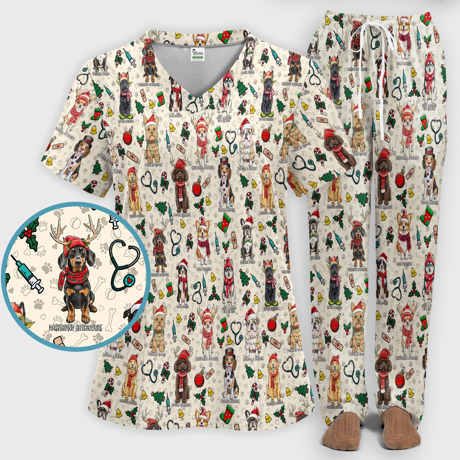 Christmas Dog Scrub Set for Nurses - Dachshund, Husky, Poodle, Corgi & Labrador Holiday Scrub Top and Pants - Funny Santa Medical Shirt