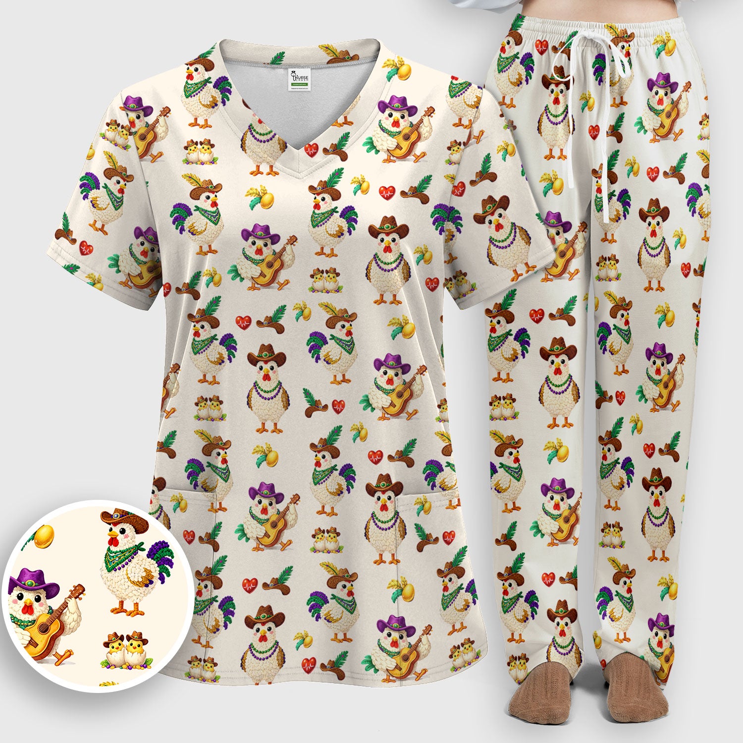 Funny Mardi Gras Rooster Cowboy Print Set, Women's Scrub Sets