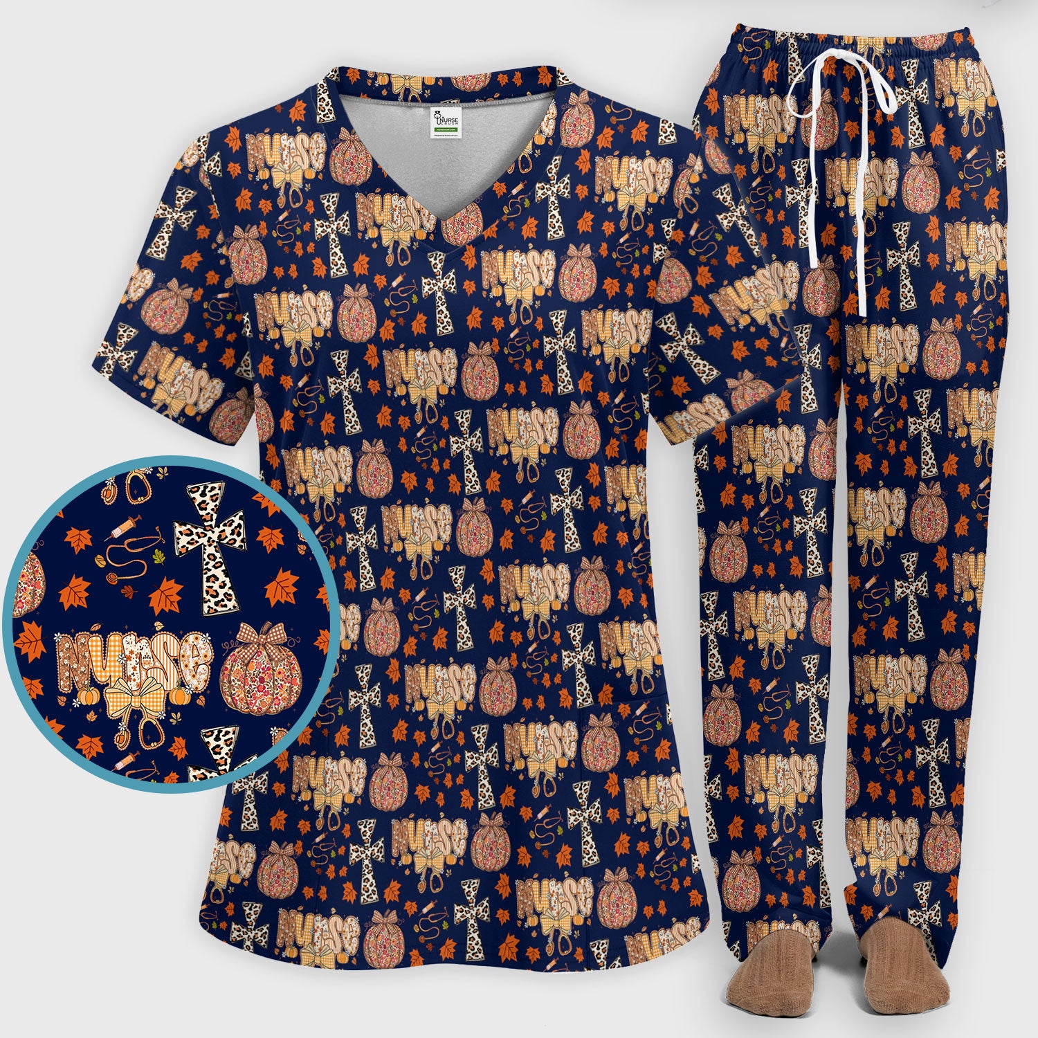 Floral Pumpkin Scrub Set for Women - Coquette Bow Thanksgiving Scrubs Pants and V Neck Top - Comfortable Medical Uniform