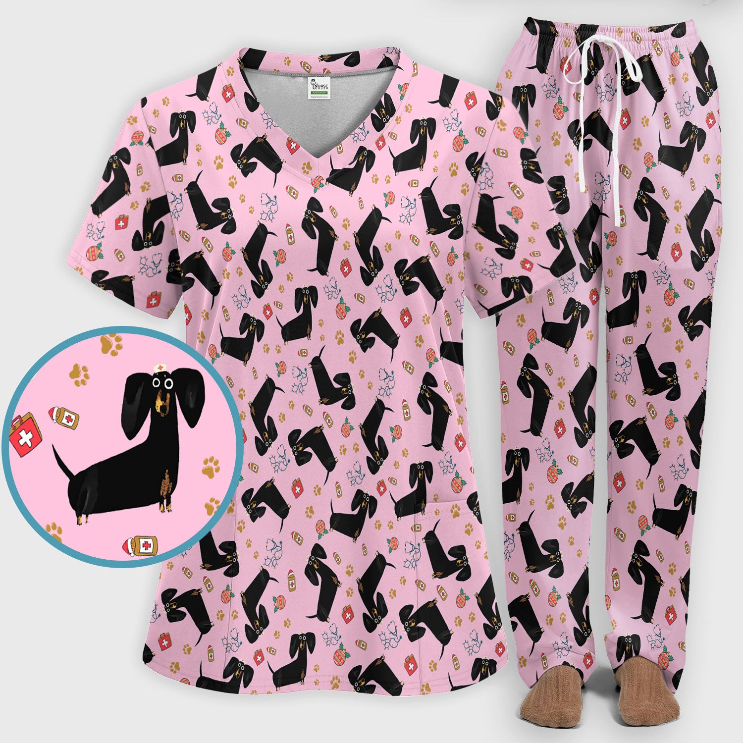 Funny Black Dachshund Scrub Set for Nurses - Cute Wiener Dog Scrubs Pants and V Neck Top - Puppy Lover Nursing Gift for Women