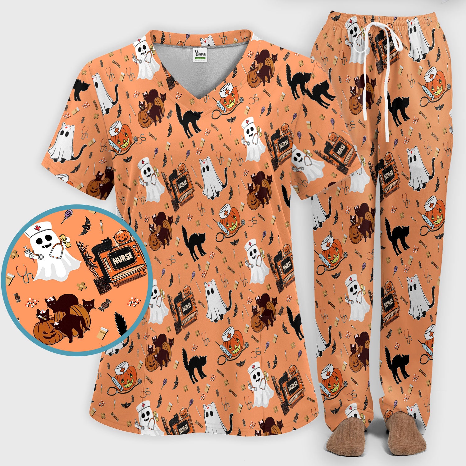 Halloween Scrub Set for Nurse - Cute Pumpkin Ghost Cat Medical Pants and V Neck Top - Spooky Uniform for Women RN CNA LPN