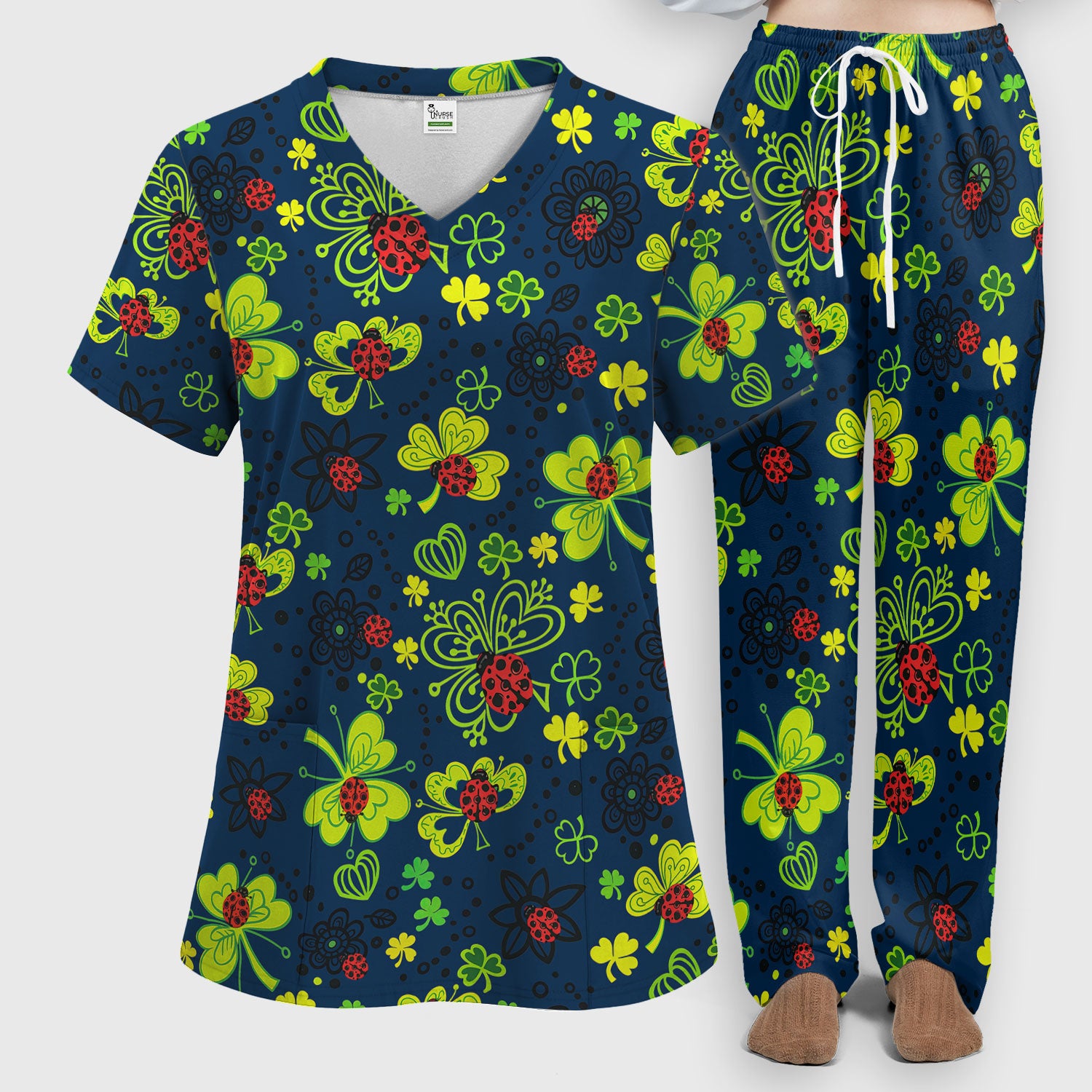 Ladybug Clover Floral Pattern Print Scrub Sets, Scrub Pants and V Neck Top