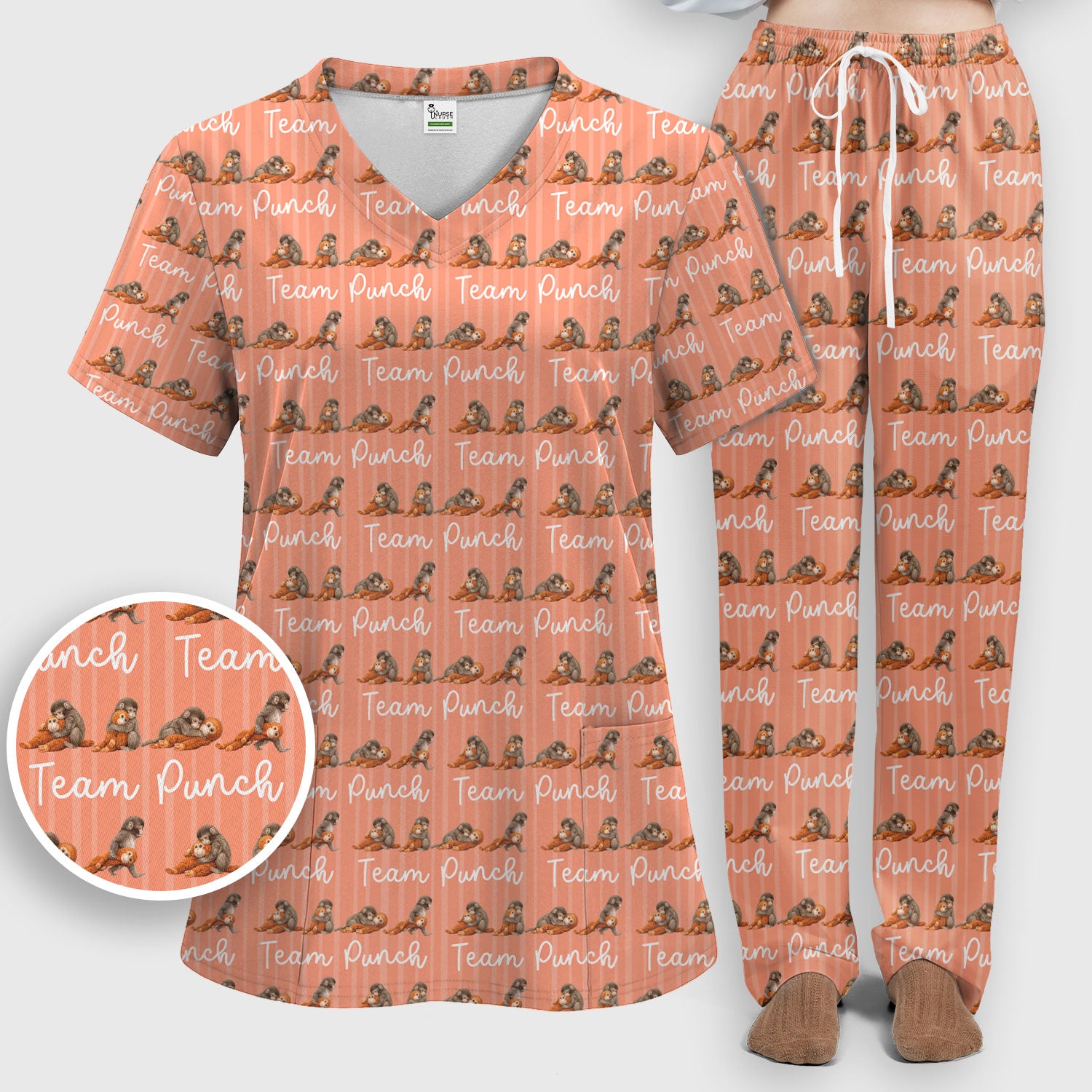 Funny Monkey Team Punch Scrub Set, Scrub Pants and V Neck Top