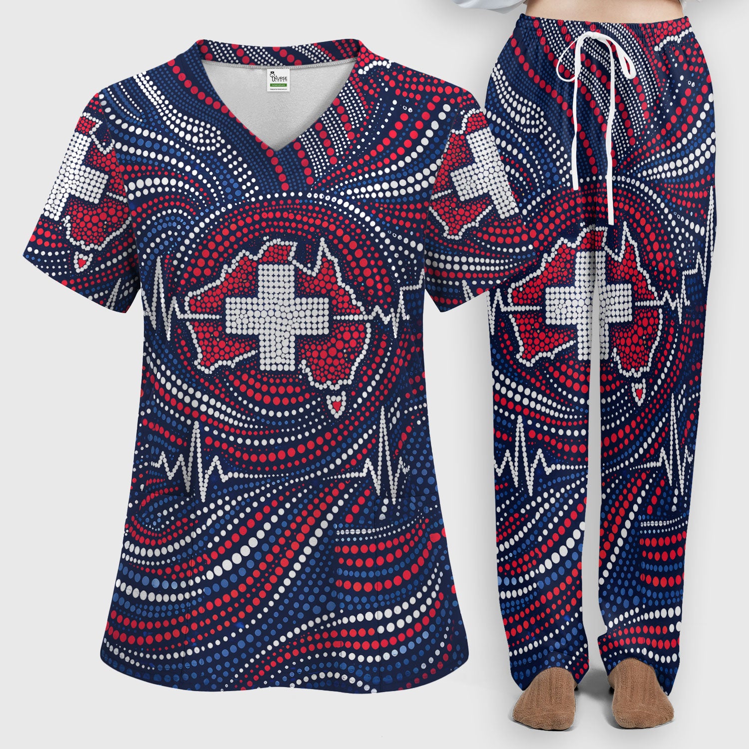 Dot Art Medical Cross Heartbeat Print Scrub, Women's Scrub Sets