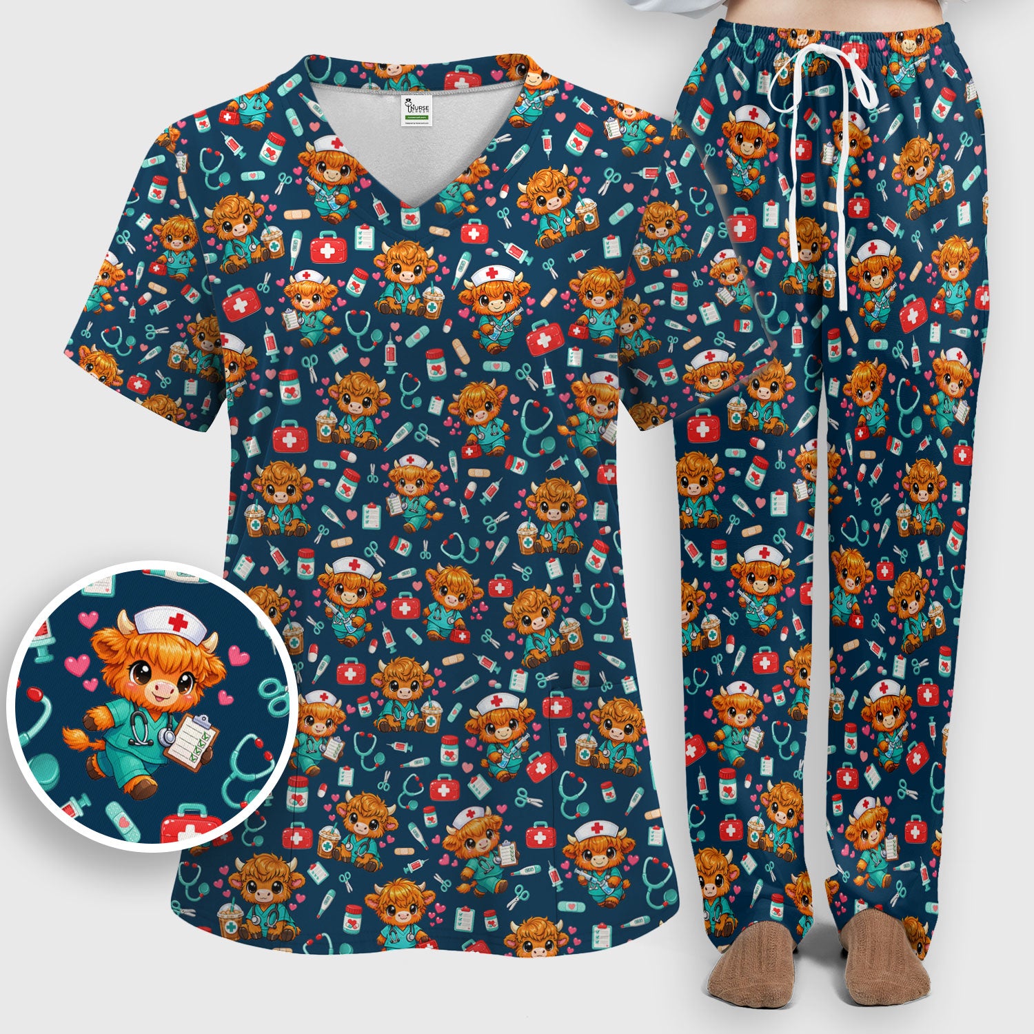 Cute Highland Cow Nurse Scrub Set, Kawaii Medical Pattern Shirt, Breathable Fabrics Nursing Uniform