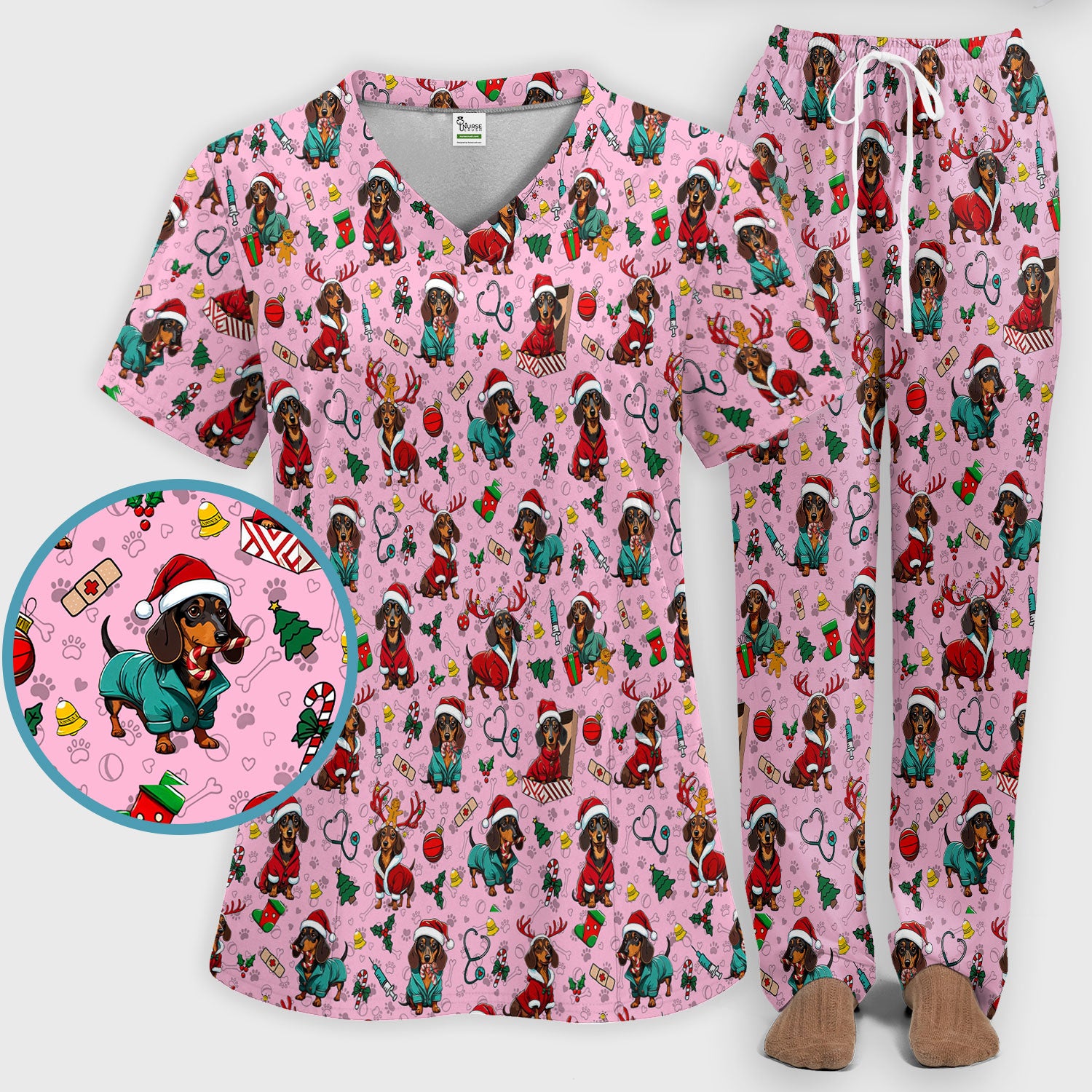 Christmas Dachshund Scrub Set for Nurses - Cute Sausage Dog Holiday - Funny Reindeer & Santa Scrubs Pants and V Neck Top