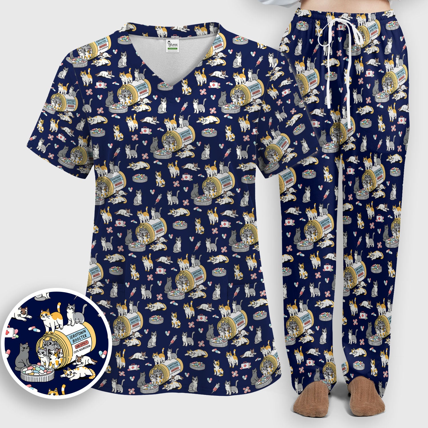 Cute Cat Serotonin Booster Pattern Women's Scrub Set, Breathable Med Uniform