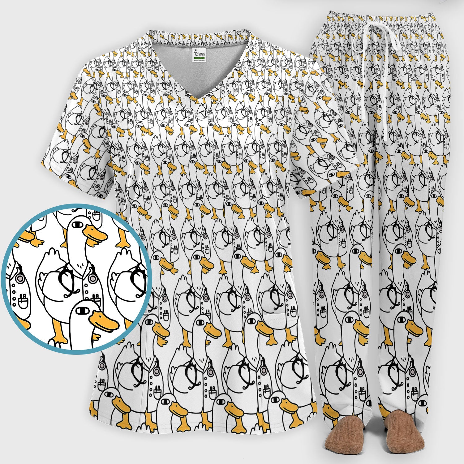 Funny Duck Scrub Set for Women - I'm a Doctor Scrubs Pants and V Neck Top - Cute Duck In The Row - Comfortable Nursing Uniform