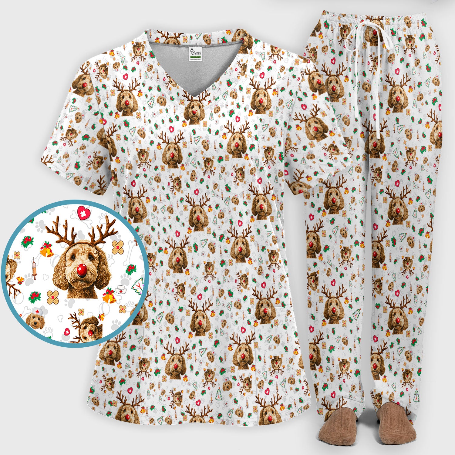 Labradoodle Reindeer Christmas Scrub Set - Funny Dog Nurse Pants and V Neck Top - Cute Holiday Medical Uniform