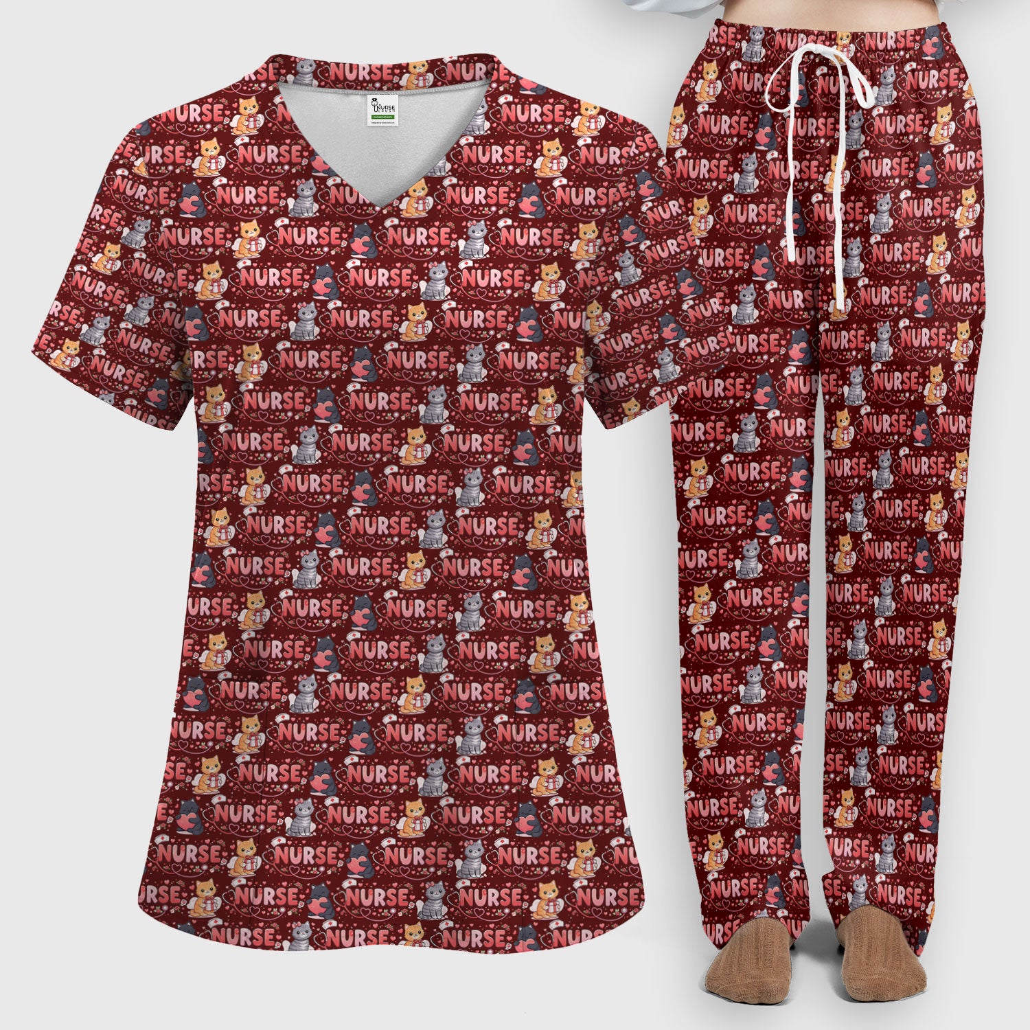 Nurse Cat Heart Pattern Valentine Scrub Set, Women's Scrub Sets V Neck Top