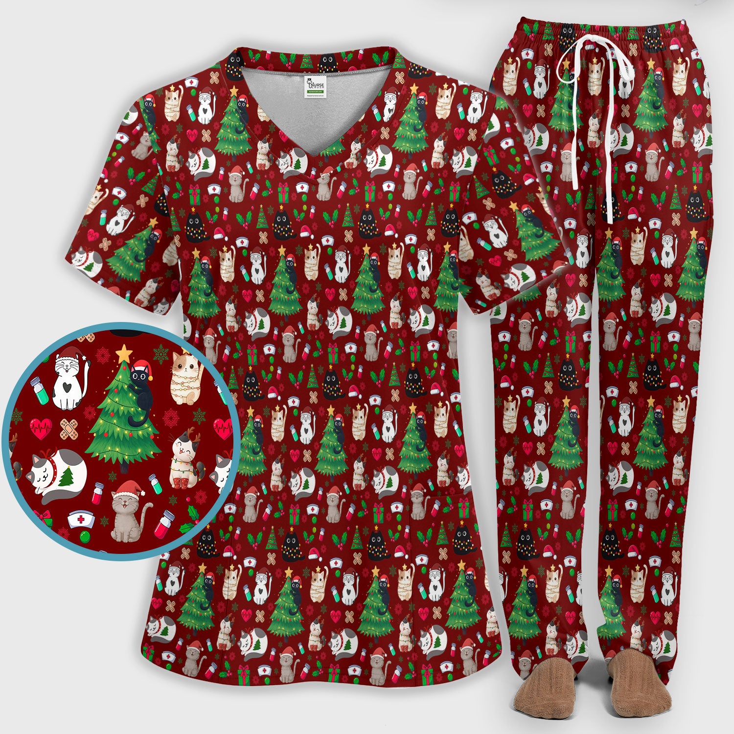 Christmas Cat Scrub Set, Xmas Pet Pattern Scrub Shirt, Breathable Fabrics Nursing Uniform